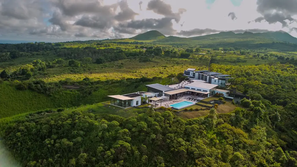 Aerial view of Pikaia Lodge set in its regenerating highland reserve on Santa Cruz