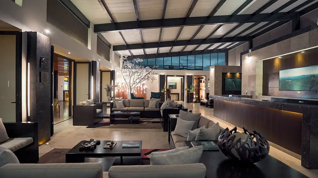 Lounge seating inside Pikaia Lodge