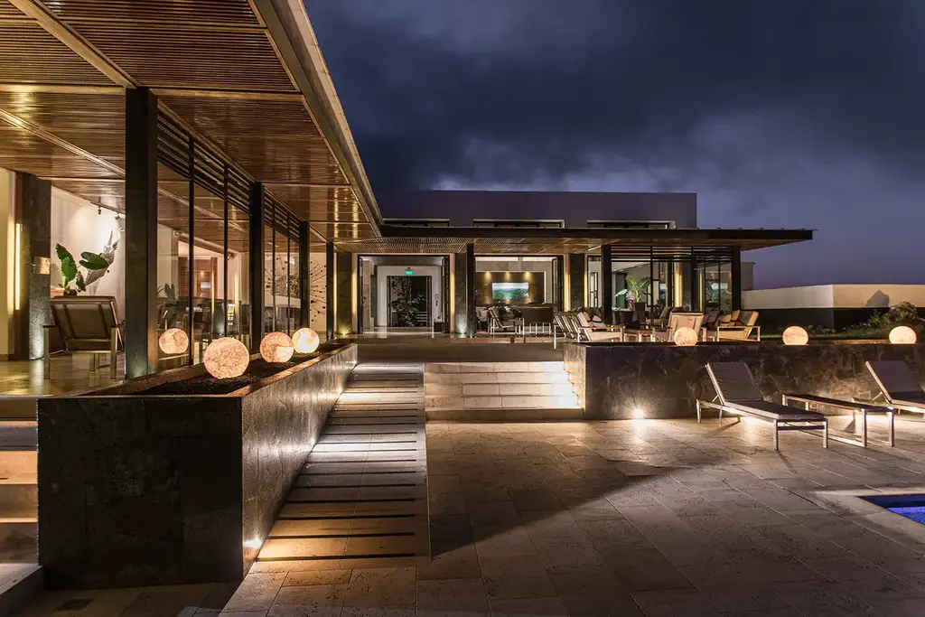 Lodge architecture at night