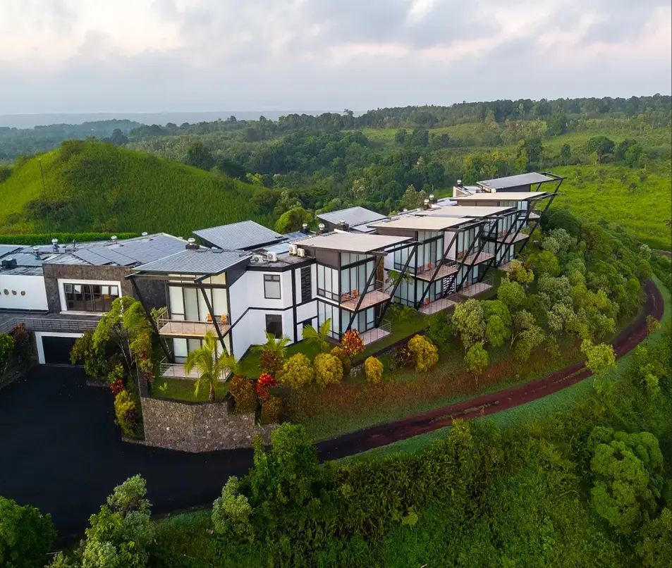 Aerial view of Pikaia Lodge on the hillside