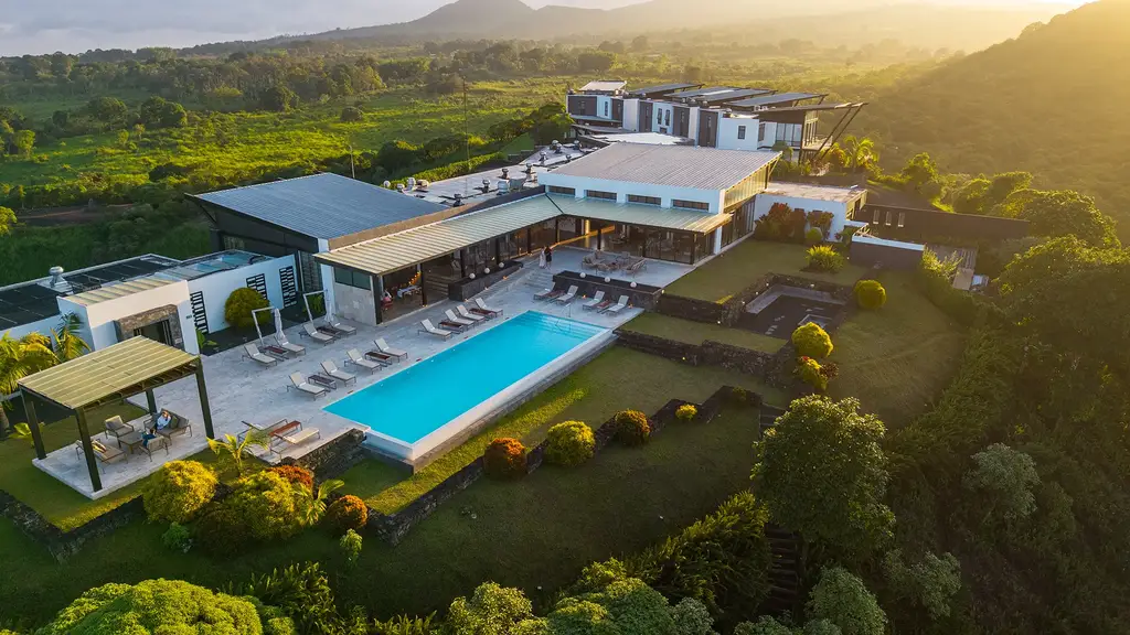 Aerial view of Pikaia Lodge overlooking the Galápagos landscape
