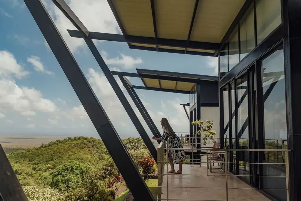 Elevated balcony overlooking volcanic landscape