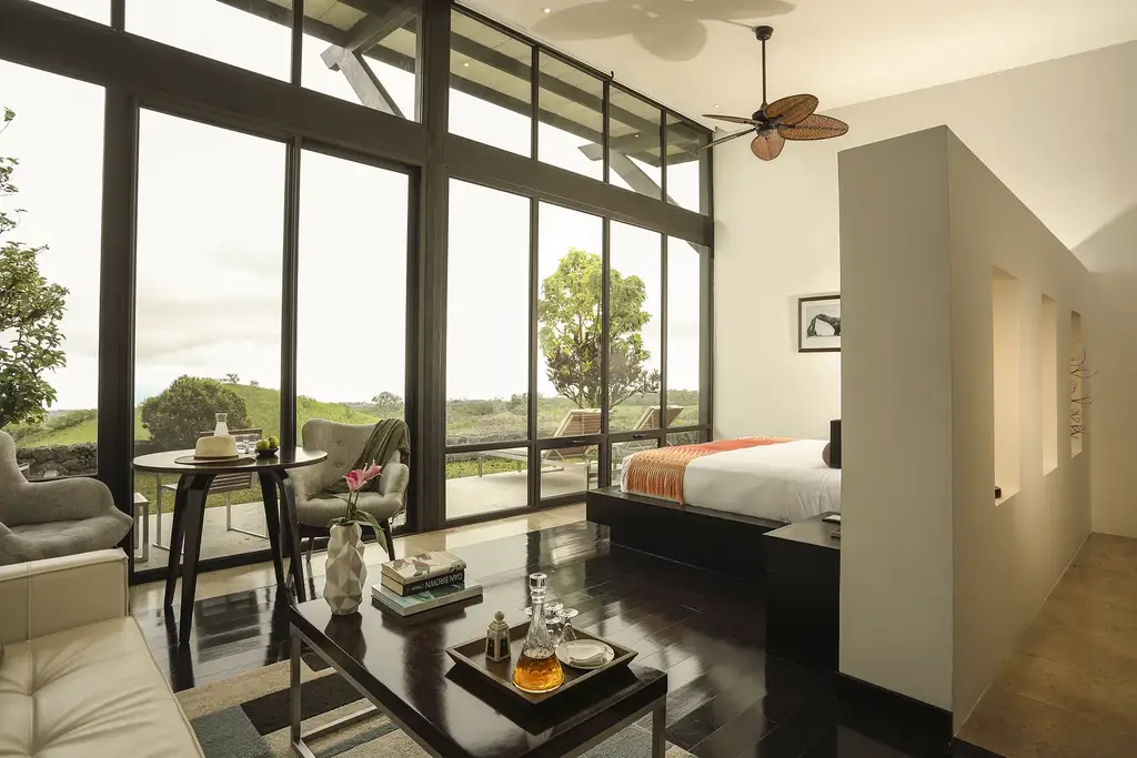 Garden Suite with floor-to-ceiling windows overlooking the landscape